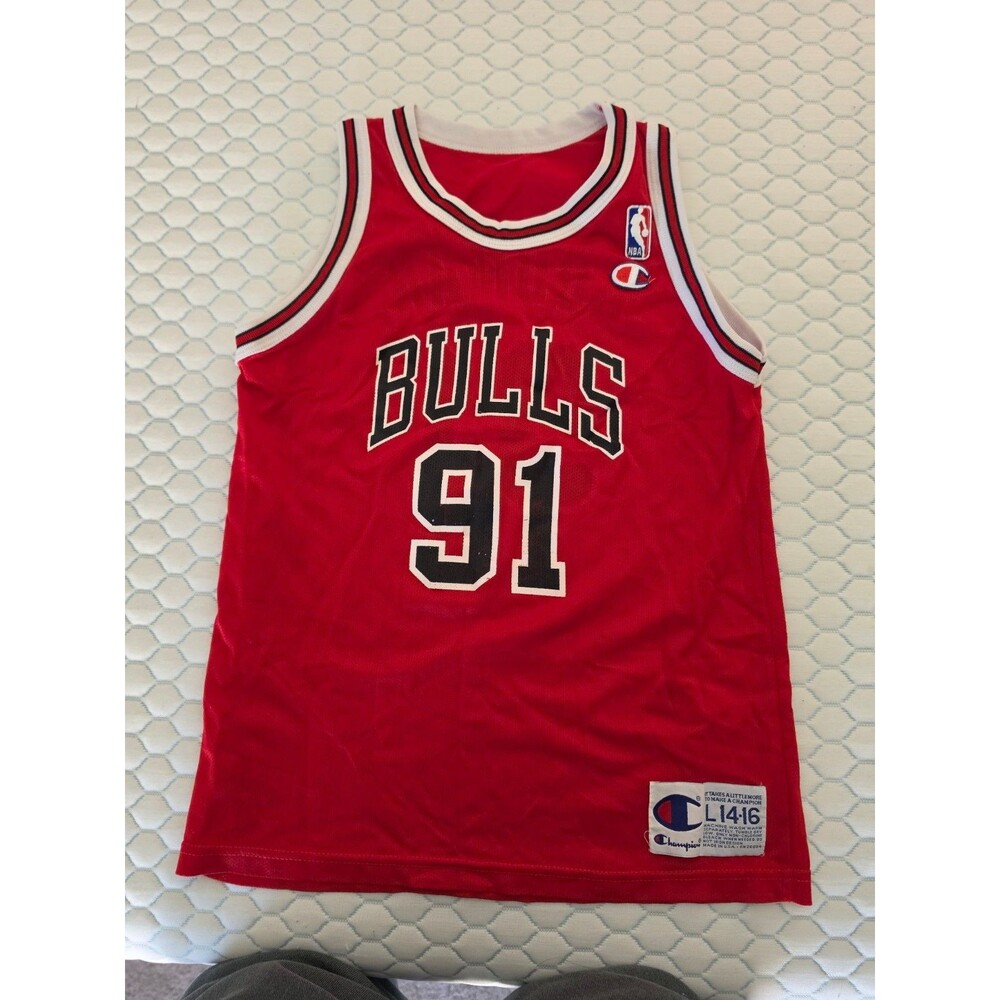 Vintage 90s Champion Chicago Bulls Dennis Rodman 91 Jersey Youth L 14-16